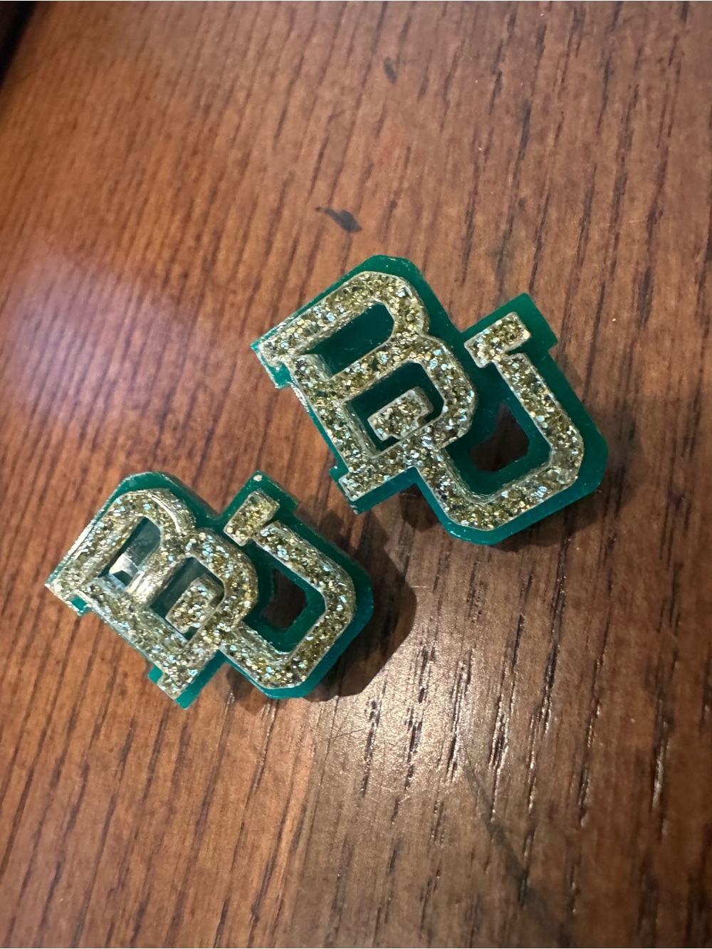 Baylor Green and Gold Glitter Initial Earrings - Women's Accessories
